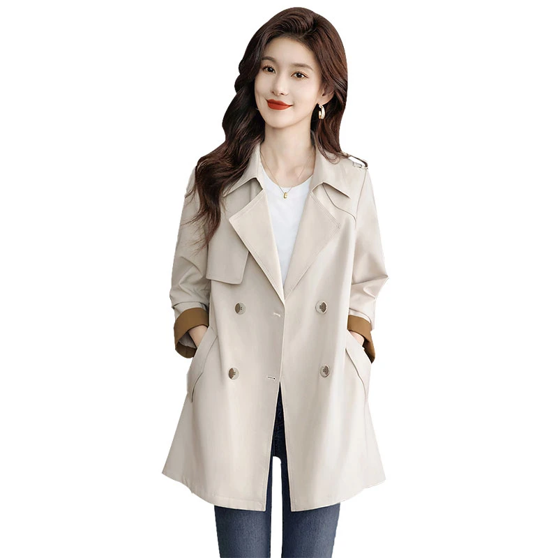 丝柏舍2025春装新款女复古双排扣翻领长袖宽松气质风衣S43B6404F