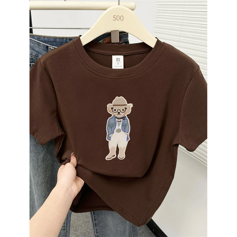 美式复古棕色小熊印花正肩短袖t恤女装大码胖MM时尚休闲圆领上衣