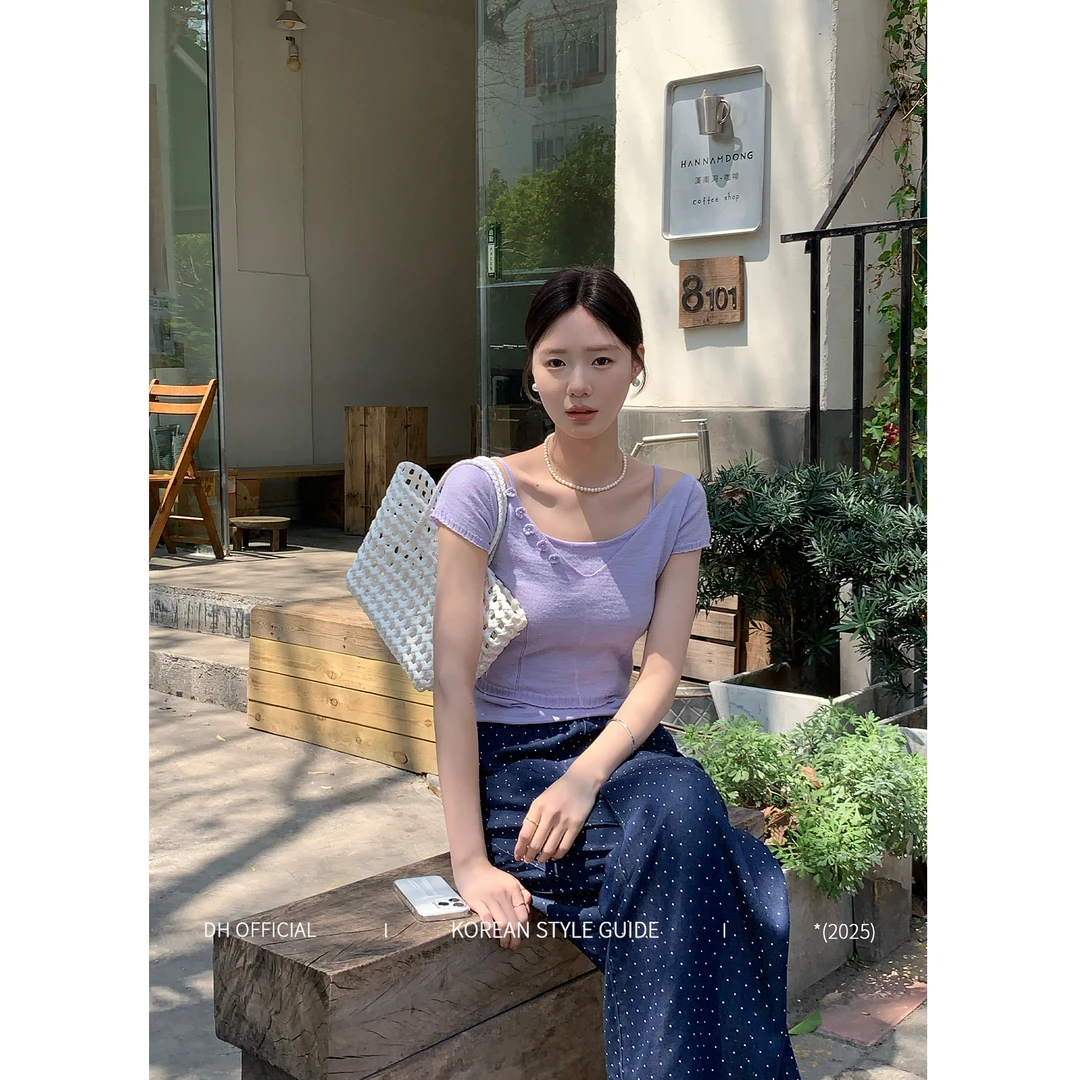 DH OFFICIAL 大花【优雅入夏 Purple】修身显瘦短袖一字领纽扣T恤
