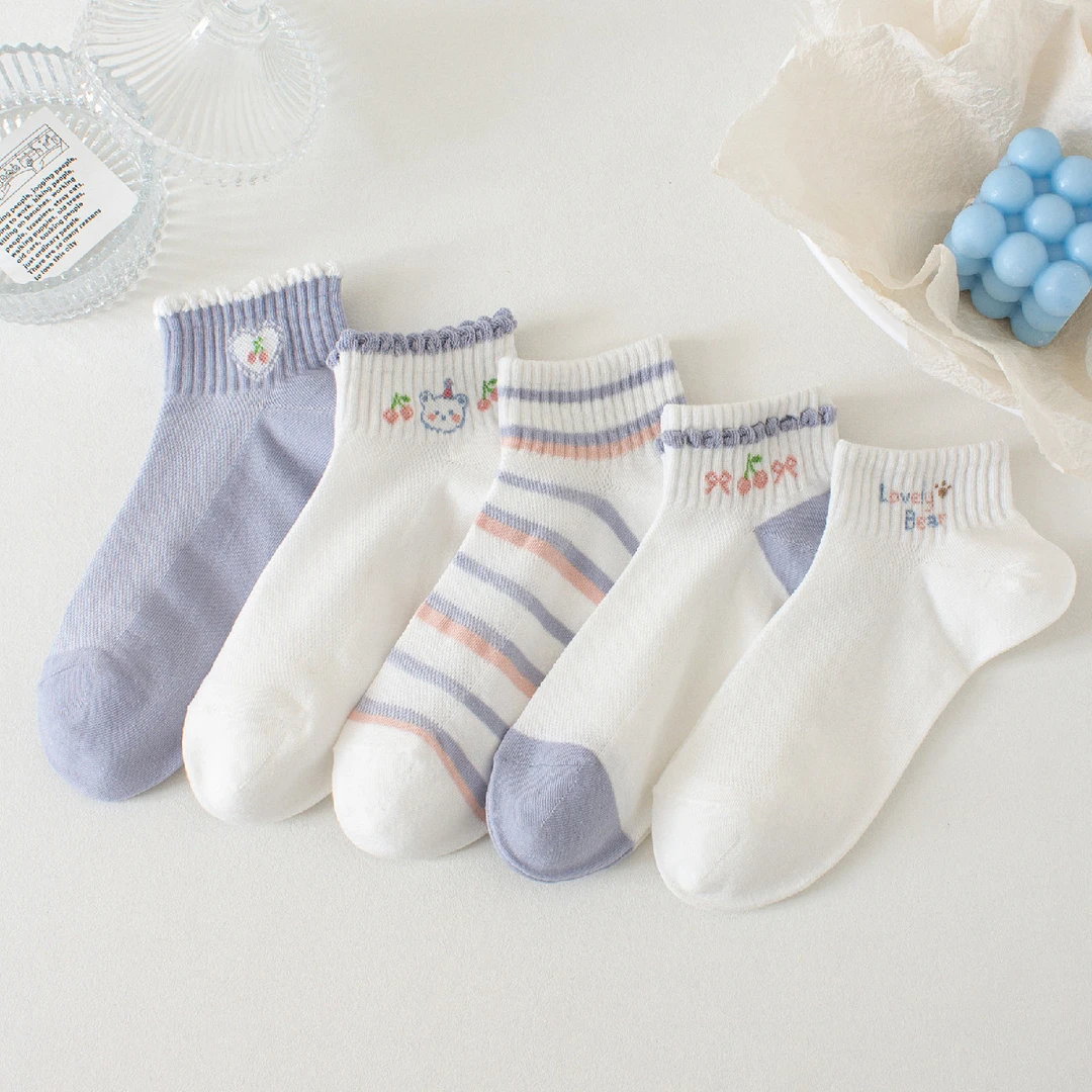 夏季白色短袜女透气薄款网眼船袜可爱樱桃小熊棉袜学生浅口短筒袜