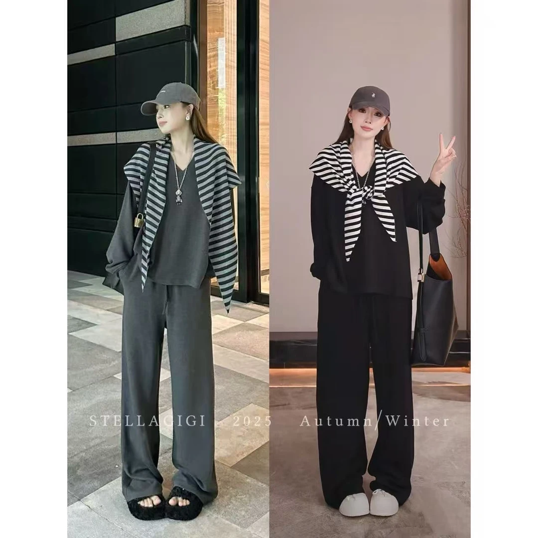 SG / 杨依姗 AW满分松弛 V领卫衣+直筒裤披肩套装TZ-20252124