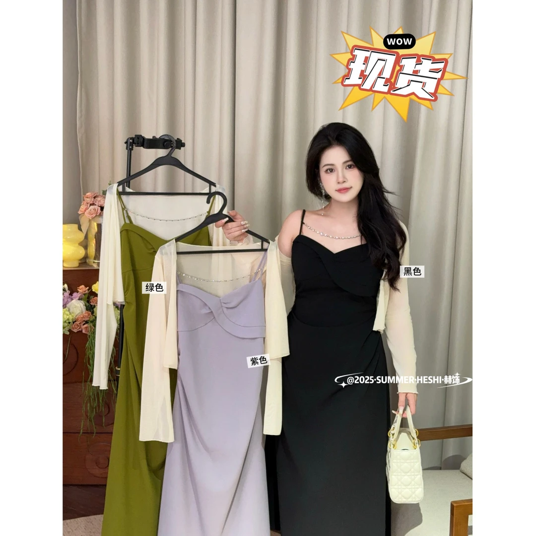 现货【HESHI】大码胖mm夏季新款收腰气质性感纯色开衫连衣裙 06018D