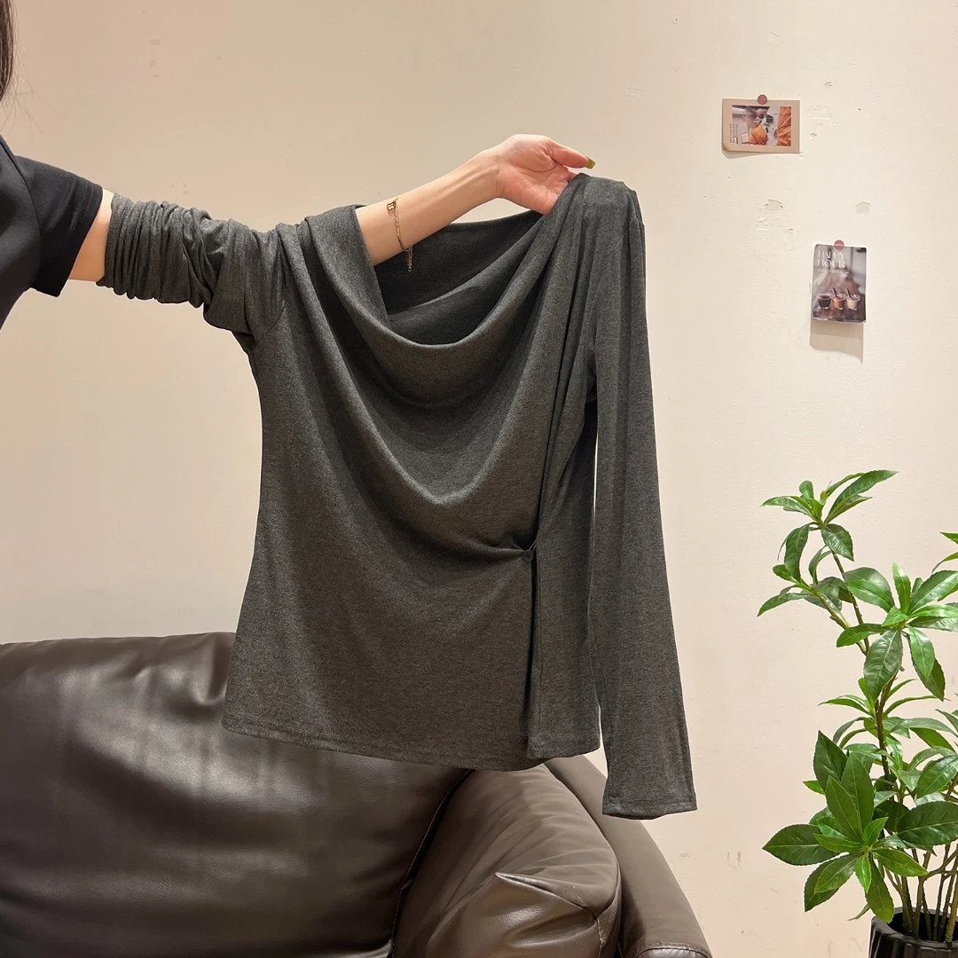 荡领褶皱不规则宽松长袖T恤女2025秋季新款小众设计感小上衣