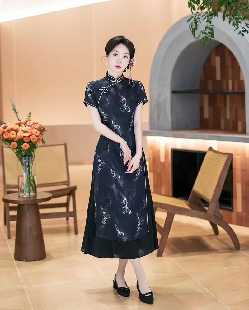 【梦蝶】中国风夏季显瘦中长款时尚网红改良奥黛裙A24
