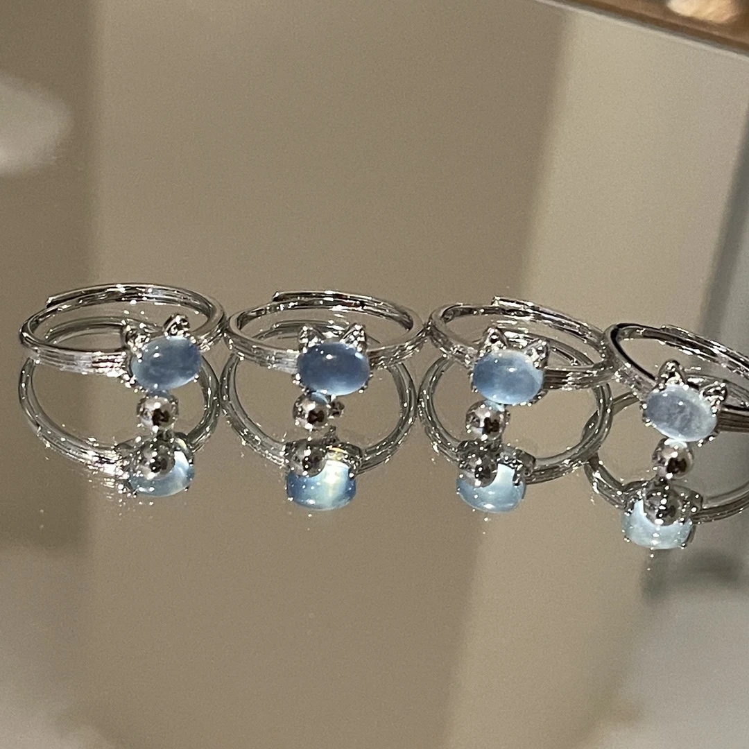 SG1778-［小猫铃戒指］海蓝宝镶嵌合金戒指可调节均有瑕多样发