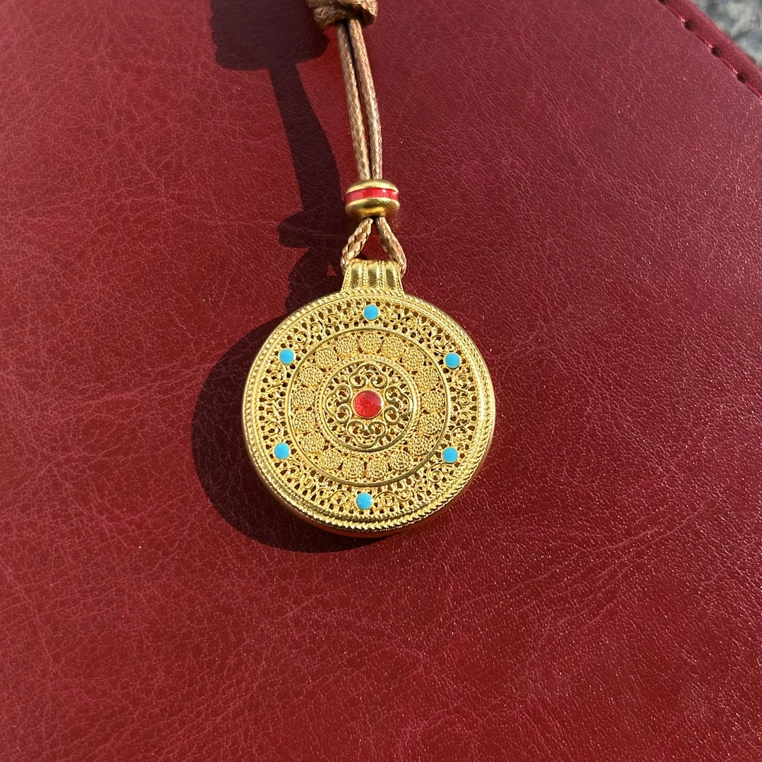 足金999真金古法金珐琅彩如意罗盘吊坠