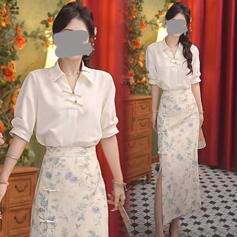 韩版时尚高级感套装女士2025夏季新款洋气衬衫新中式半身裙两件套