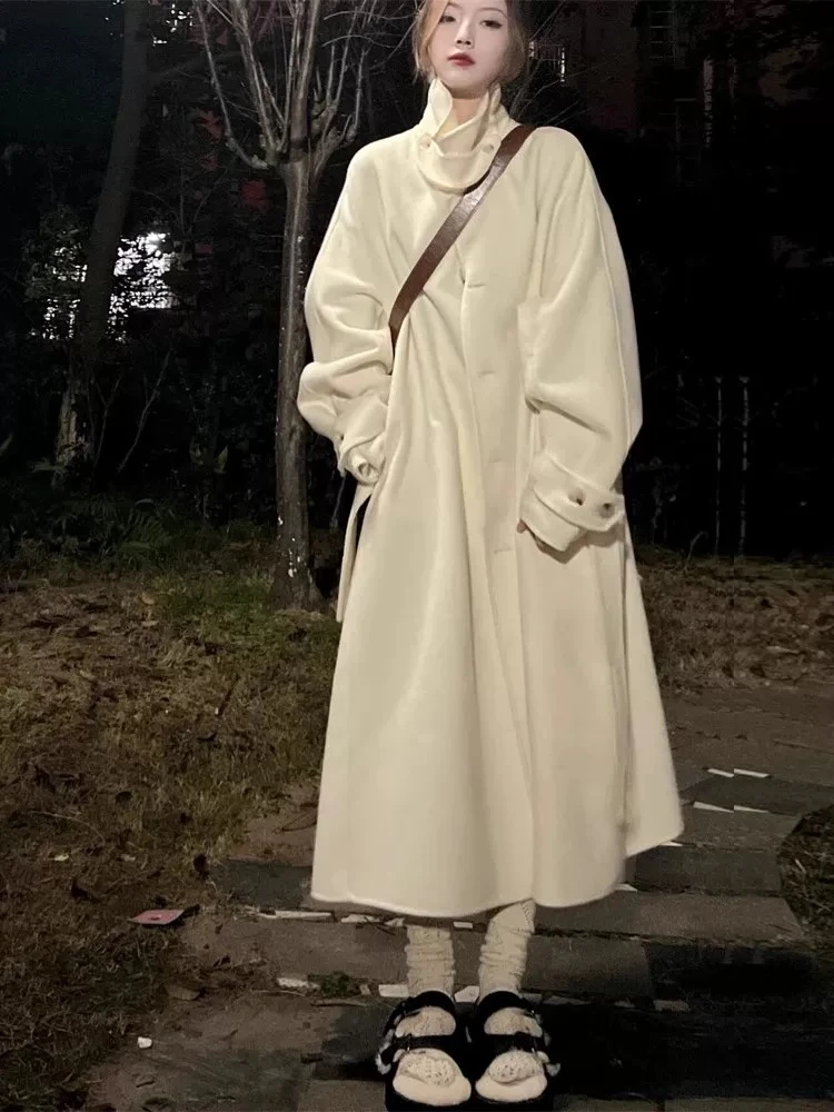 【反季】长款秋冬厚款过膝拼接纯色气质毛呢外套韩版显瘦复古法式