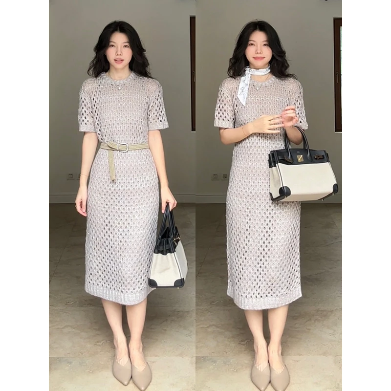 郭九九呢 气质圆领镂空显瘦短袖毛衣连衣裙（含腰带） G925Z11859