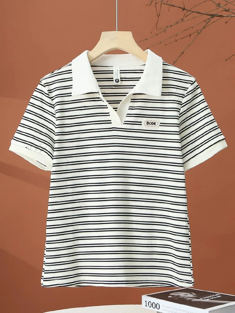 条纹短袖t恤女夏季新款翻领体恤洋气减龄女士上衣