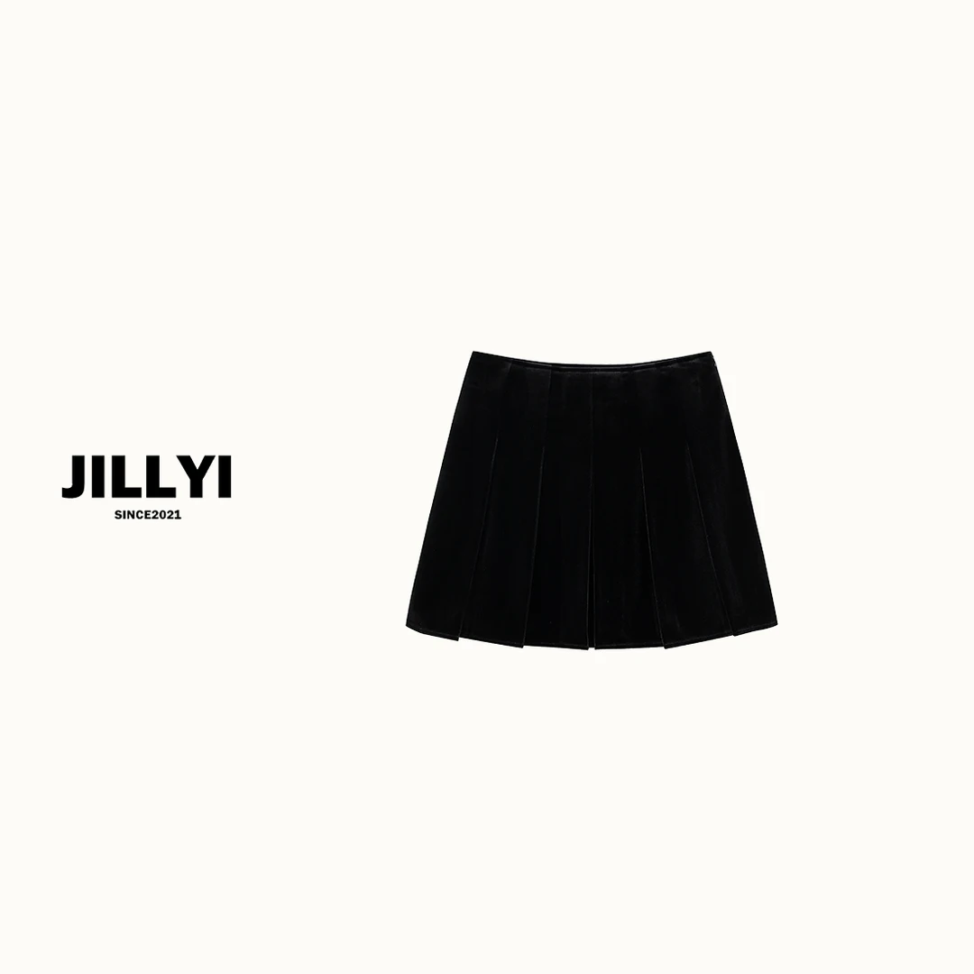 JILLYI南山店【丝绒半裙】黑色简约丝绒半身裙高腰时尚休闲百搭韩版