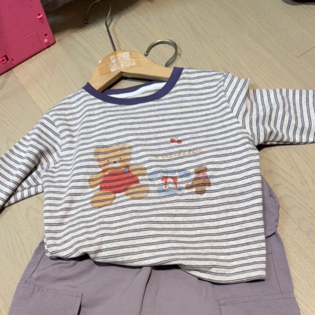 条纹春秋圆领吸汗透气短袖T恤女童卫衣宝宝工装风