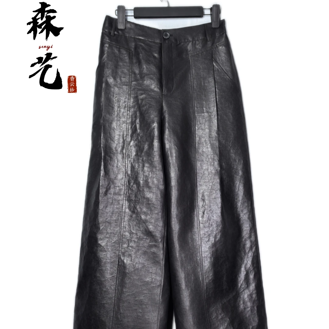 森艺-玄清-香云纱桑蚕丝重磅40姆米老油缎休闲阔腿裤