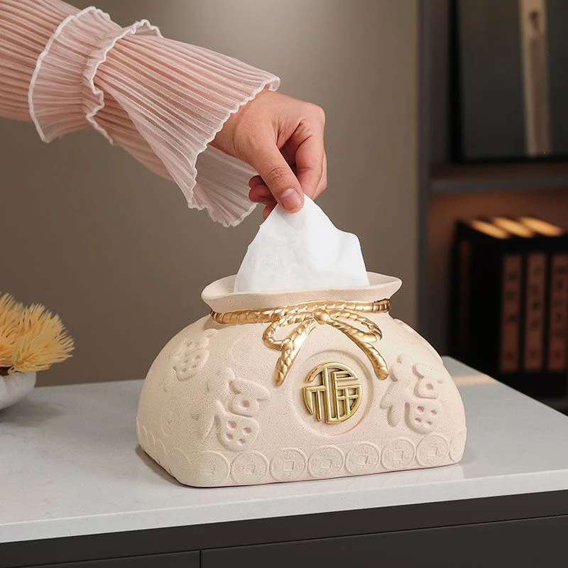 新中式抽纸盒客厅家居装饰大气陶瓷摆件中国风福袋创意纸巾收纳盒