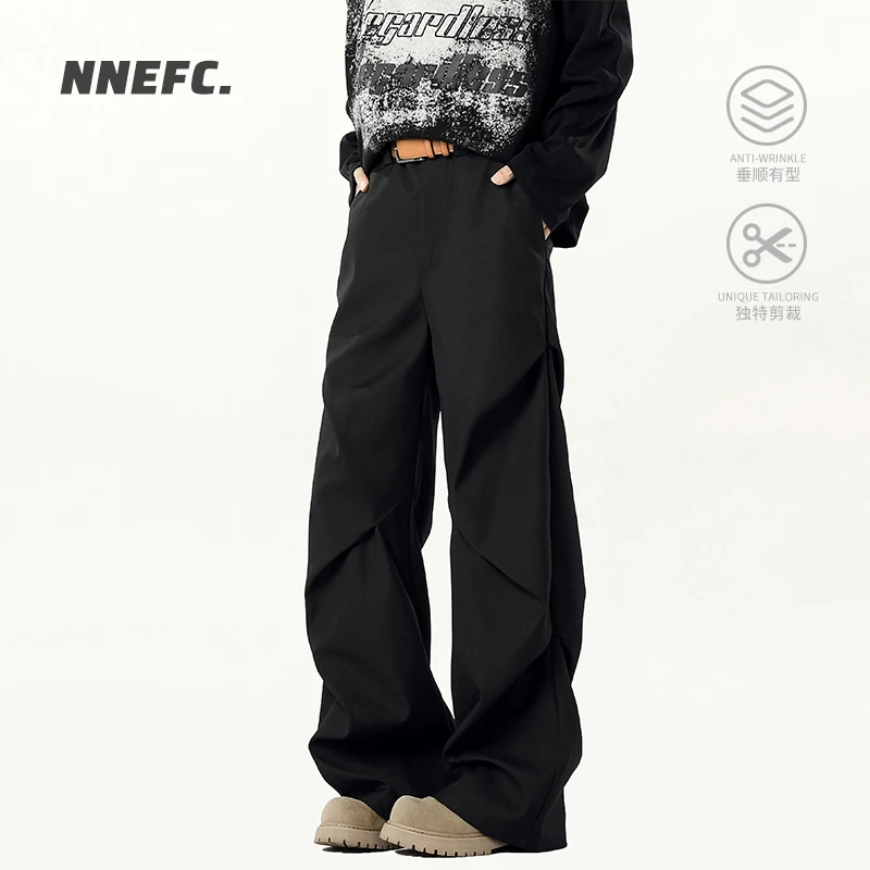 NNEFC压褶分割设计垂感黑色西裤男女美式微喇cleanfit阔腿长裤