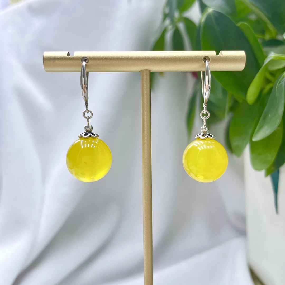 s925银天然玉石黄玛瑙耳坠女款复古国风玉髓耳饰新中式短款509