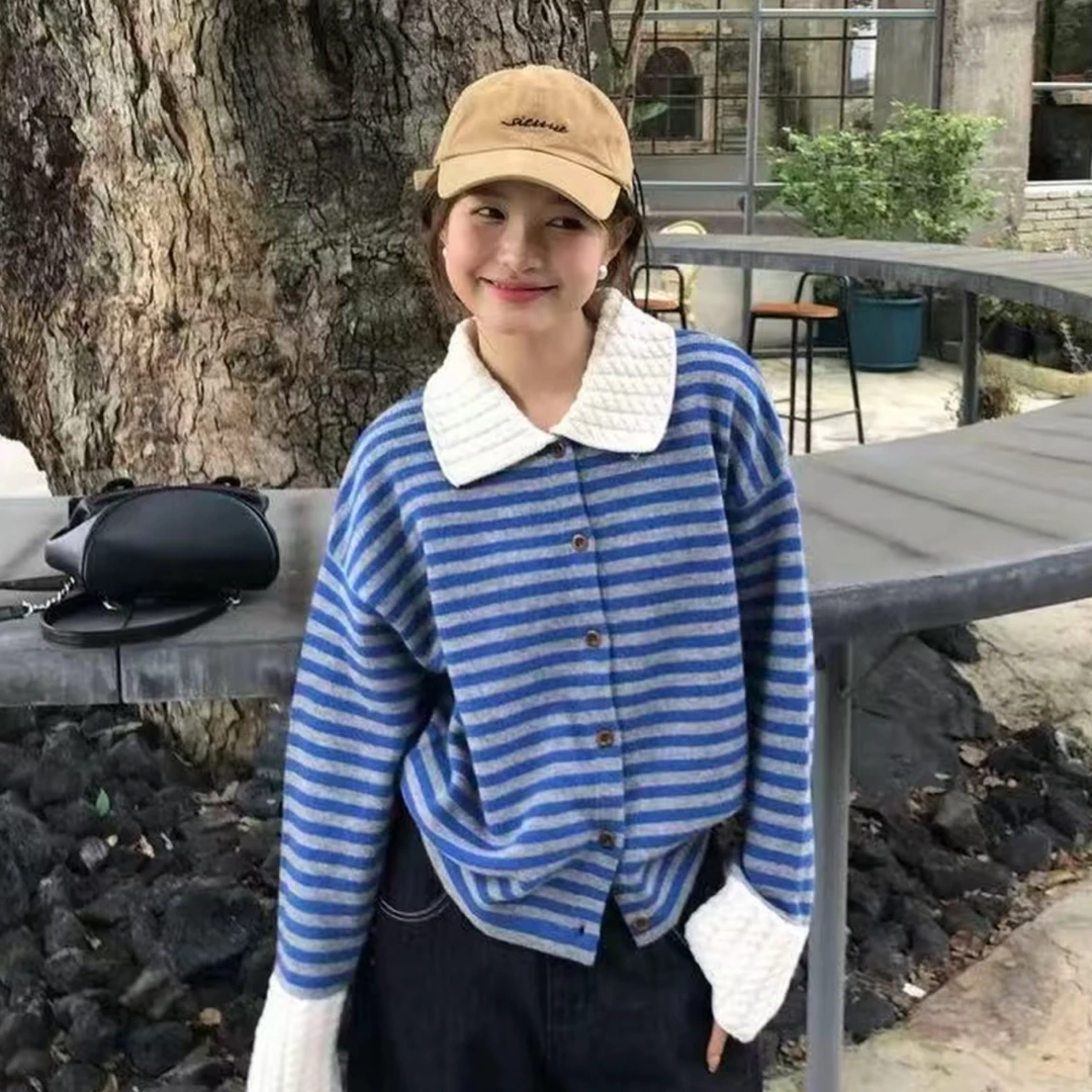 小香风条纹polo领长袖毛衣针织衫女早秋季慵懒松弛感穿搭外套上衣