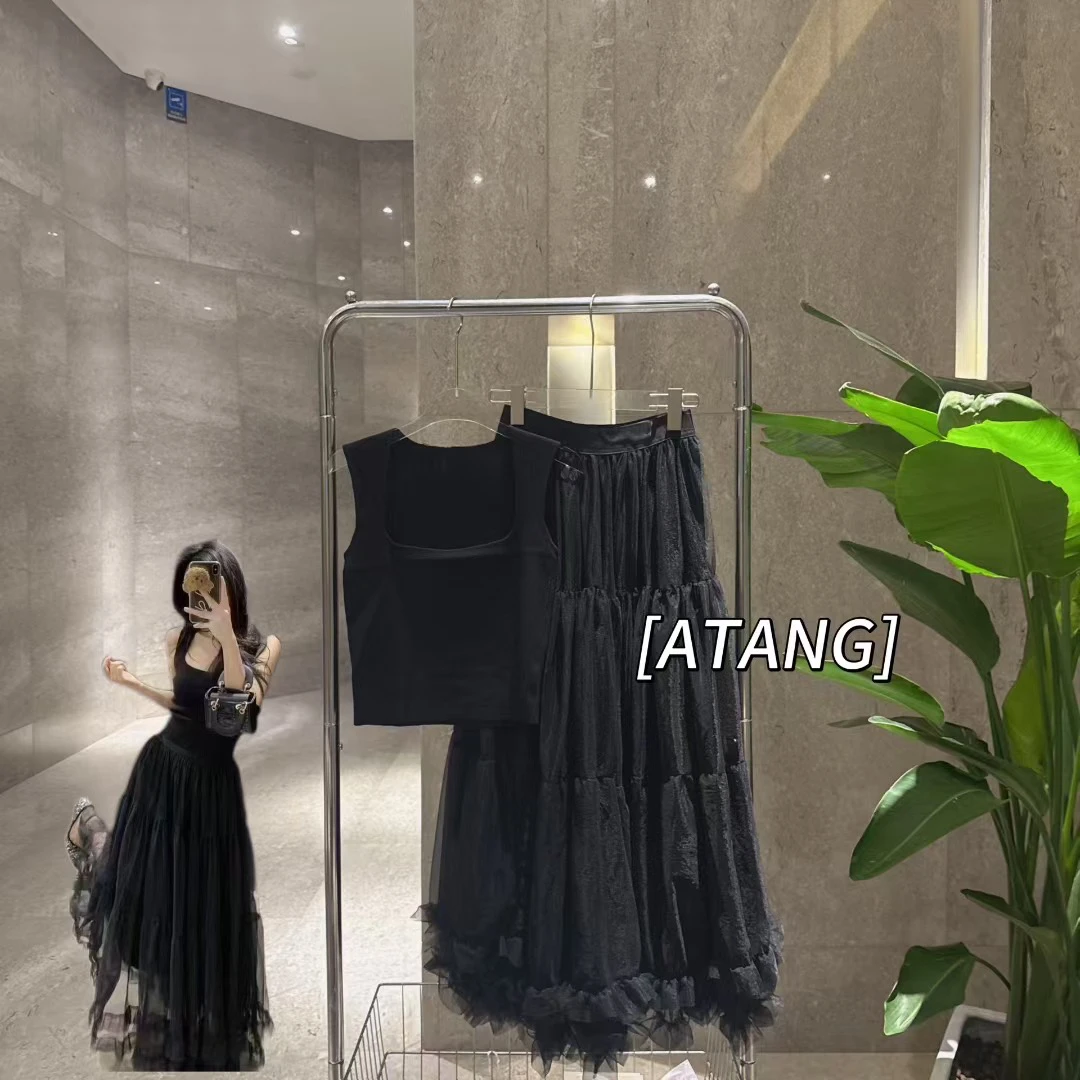 啊糖Atang-黑色纱裙和吊带套装