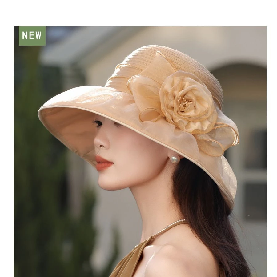 贵气优雅欧根纱防晒帽夏季女士户外防紫外线花朵遮阳帽妈妈太阳帽
