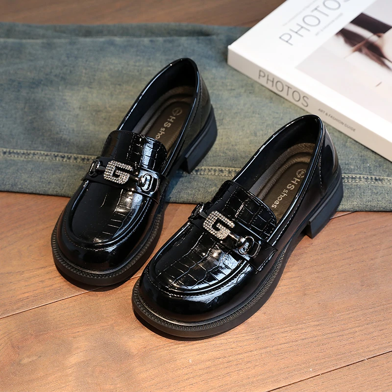 玛丽珍水钻小皮鞋英伦风方跟百搭单鞋女2025新款一脚蹬时尚乐福鞋