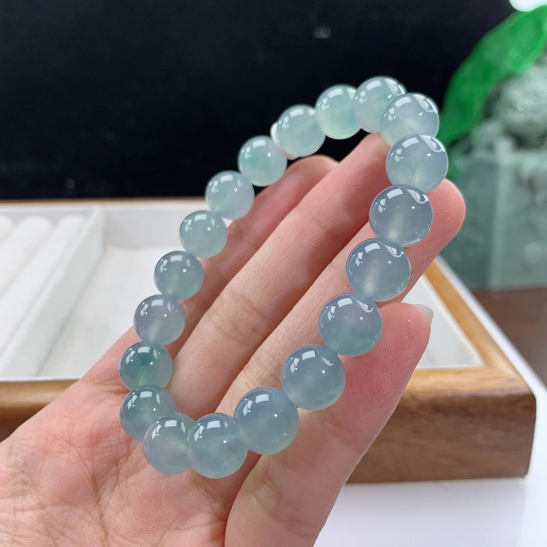 3.31-10-缅甸天然翡翠A货 女款冰蓝手串尺寸:10mm 19颗粒