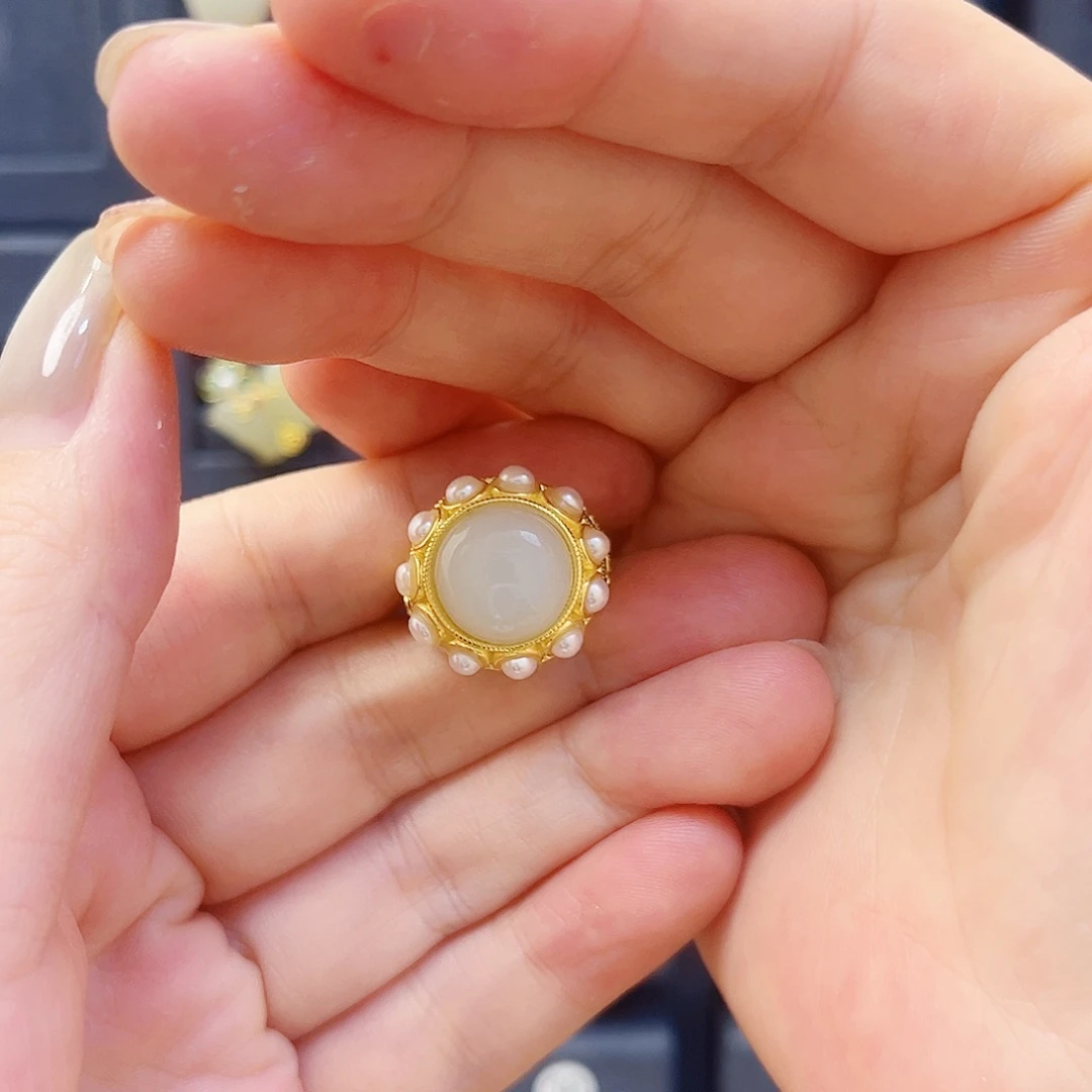 和田玉银S925镀金镶嵌戒指