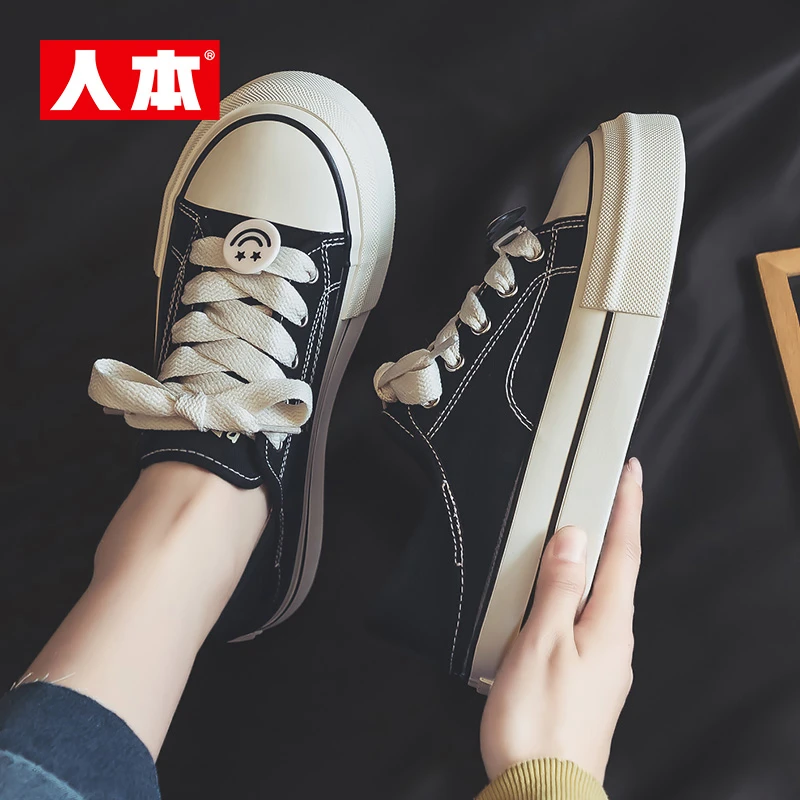 人本厚底鞋2025夏季新款女鞋一脚蹬两穿鞋休闲百搭帆布鞋增高鞋