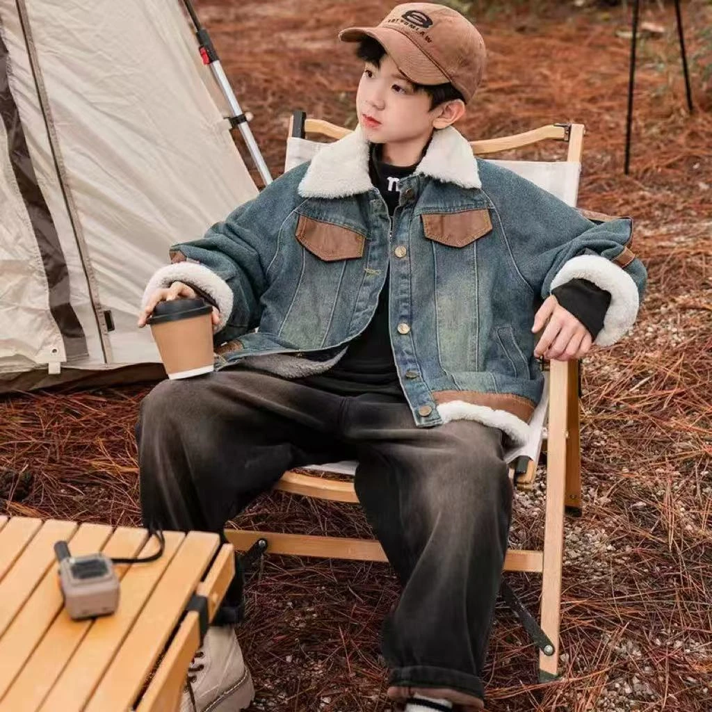 男女童牛仔加绒外套秋冬2025新款洋气潮童韩版儿童上衣冬季外套
