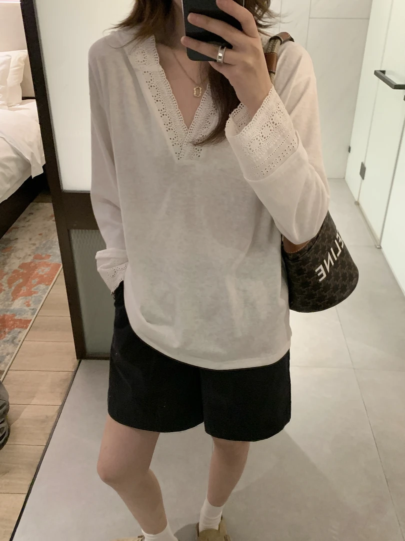 Seawhen海维恩「花边连帽tee」波西米亚镂空花边宽松版型V领开襟