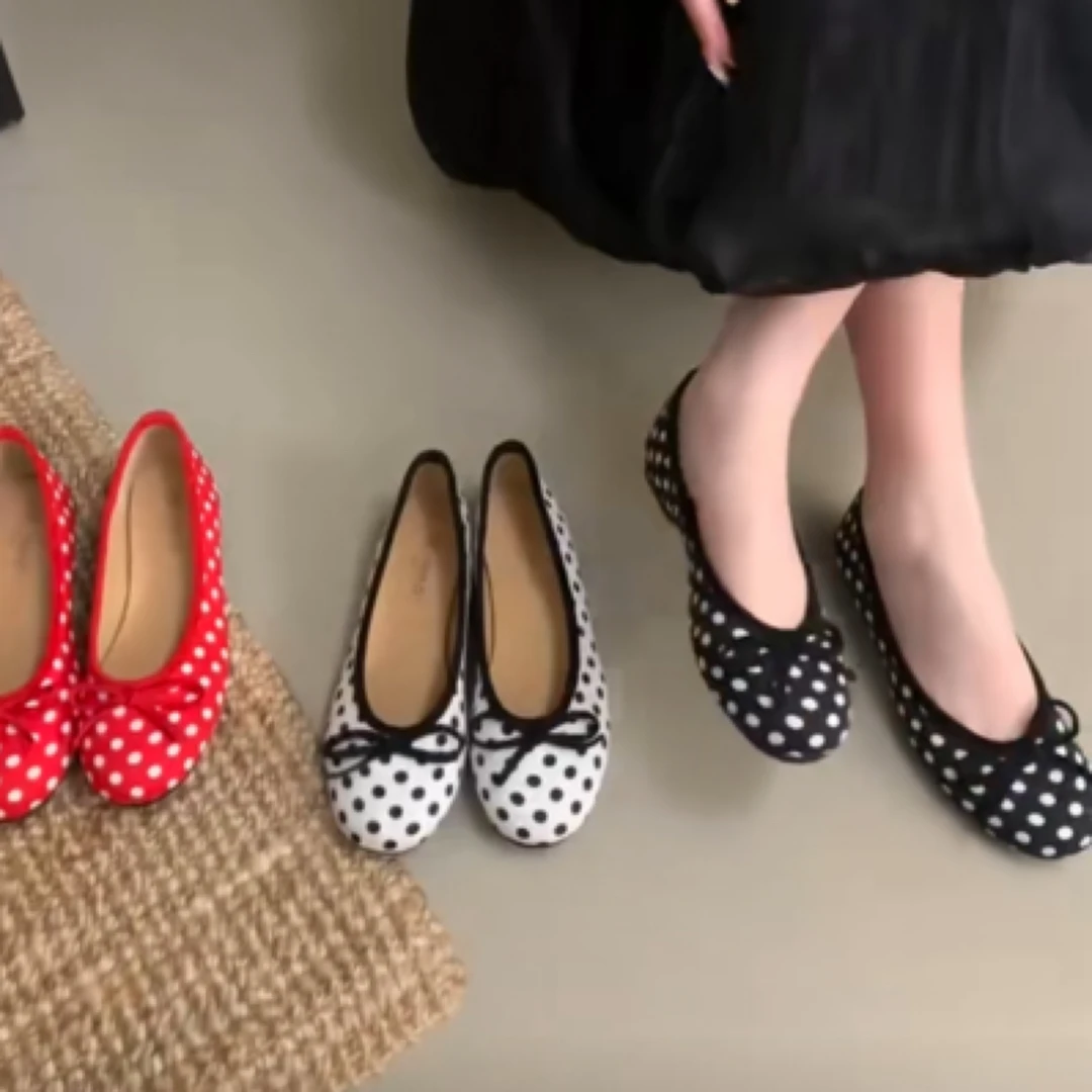 波点小单鞋新款软底圆头蝴蝶结女鞋芭蕾舞鞋显瘦少女鞋子一脚蹬蝴