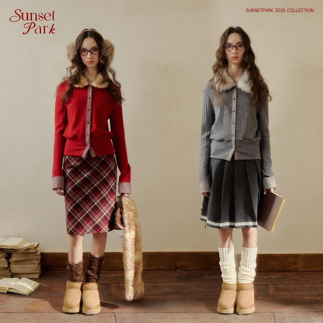 .SunsetPark "驯鹿女孩"圣诞红复古小鹿毛领毛衣