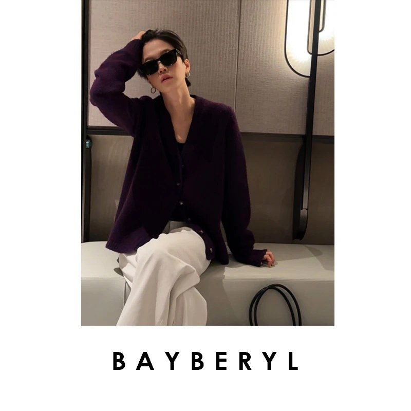 BAYBERYL老贝紫藤萝*V领单排扣时尚花纱秋针织开衫ZZS5I1703-10/6