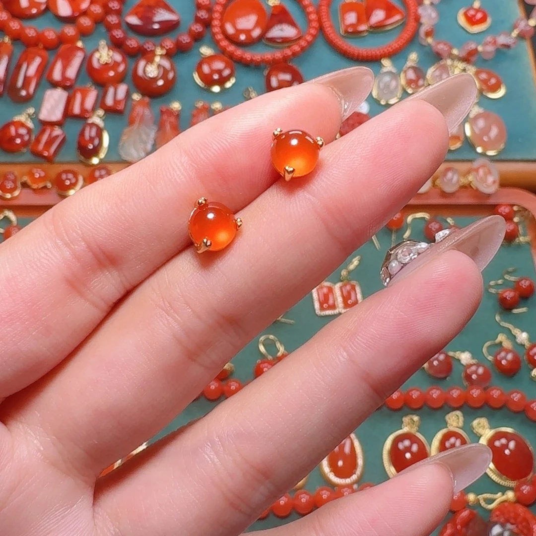 南红玛瑙银S925镶嵌耳饰7+