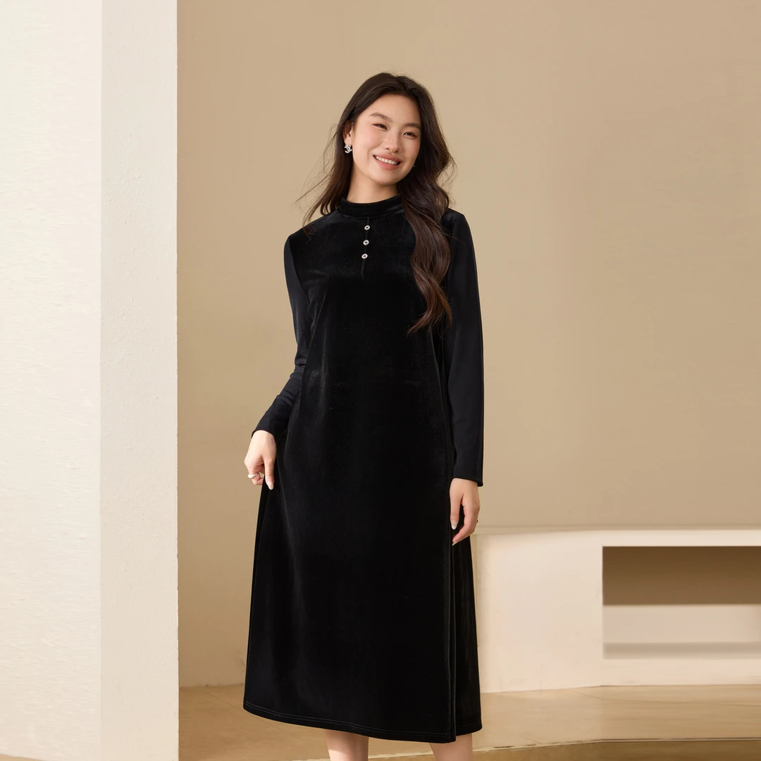 【时尚法式风】纤莉秀W大码女装法式轻熟风半高领丝绒连衣裙QK4597