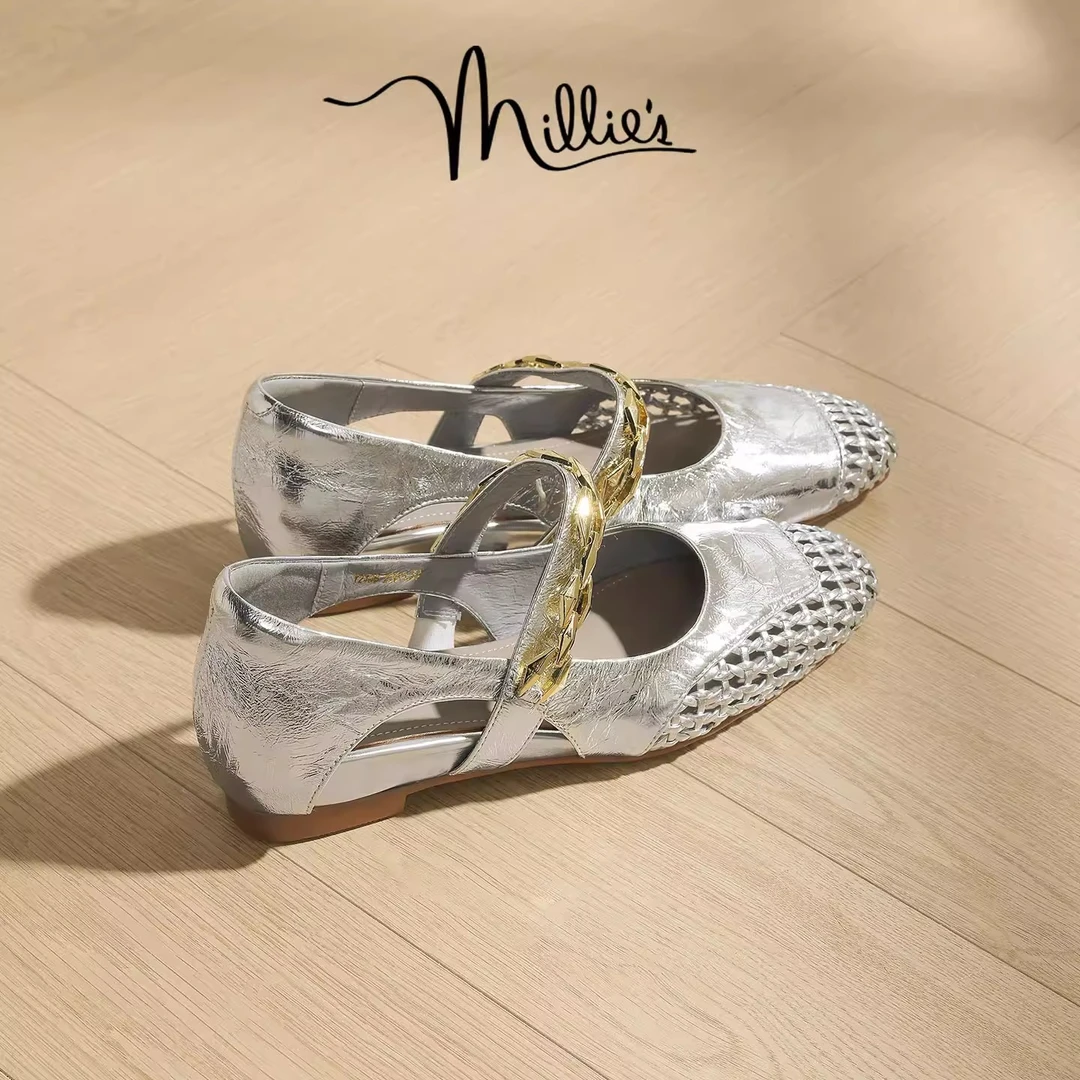 妙丽真皮一脚蹬法式银色单鞋女款2025夏季新款镂空透气绝美小跟鞋