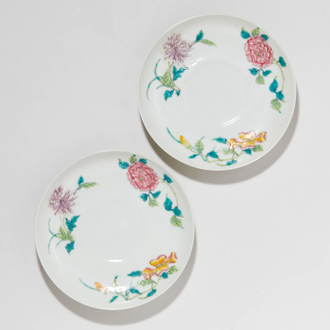 3975民国·粉彩花卉纹盘(一对)【古董拍卖】