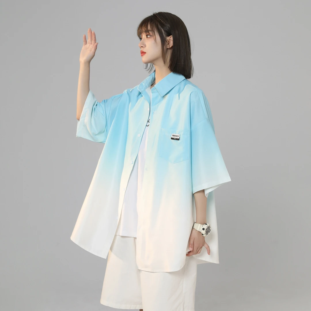 东方骆驼扎染渐变短袖衬衫男夏季情侣潮牌痞帅休闲宽松半袖衬衣潮