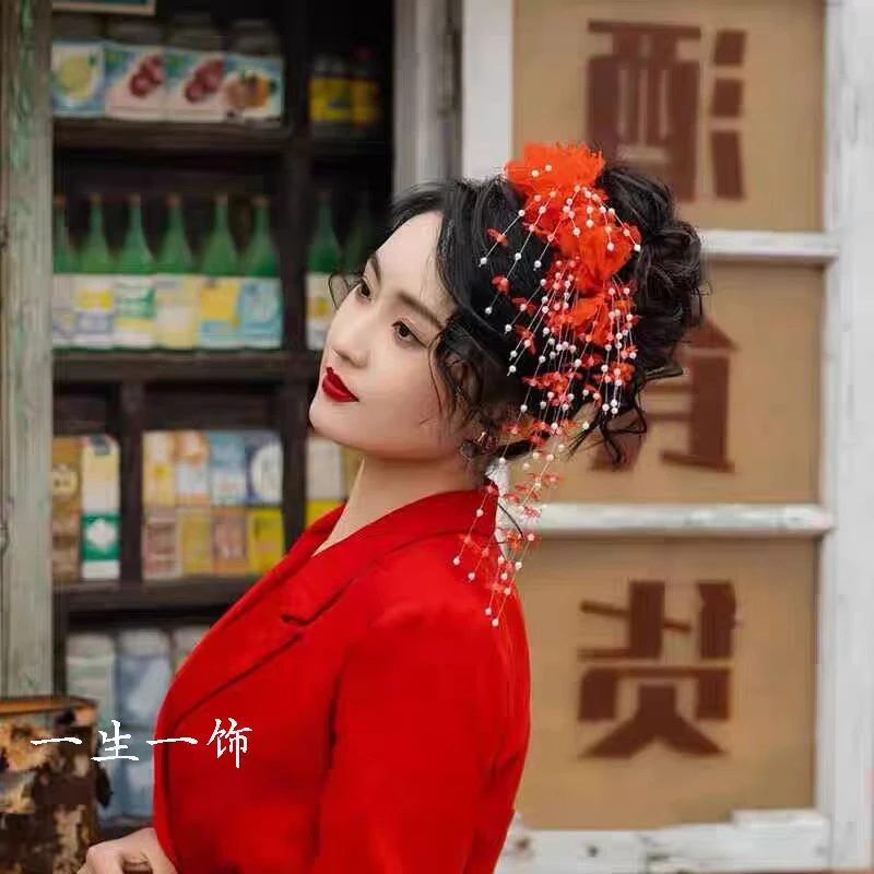 【小芳演绎用品店】新款复古结婚配饰女红色绢纱头花发夹新娘头饰