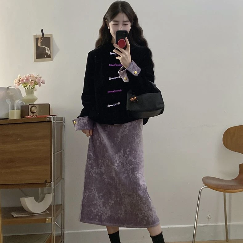 胖颖专属大码秋冬季新款国风新中式上衣+长半裙两件套9172