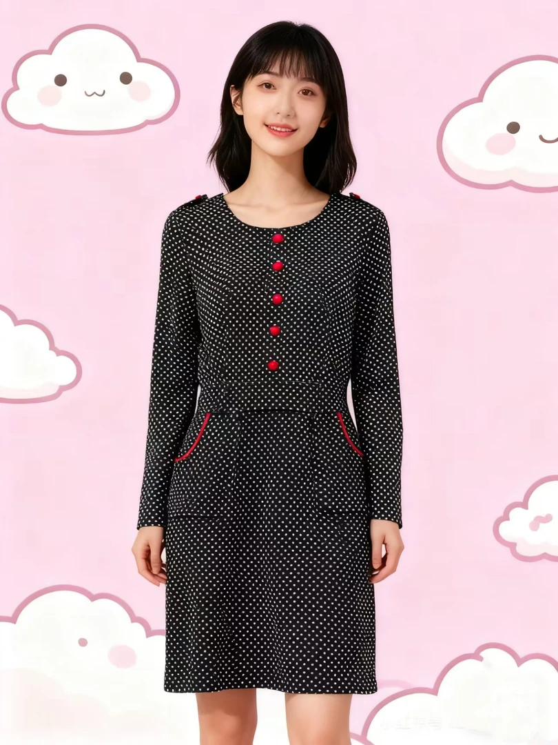 高腰拼接中腰高弹力波点秋裙连衣裙女装圆领显瘦时尚长款