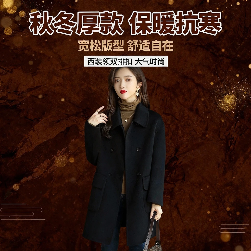 重工显瘦大码黑色毛呢大衣中长款宽松双排扣毛呢外套女秋冬