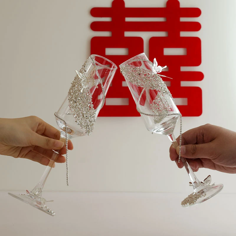创意结婚敬酒杯新人一对香槟高脚杯碎钻diy手工制作交杯高级装饰