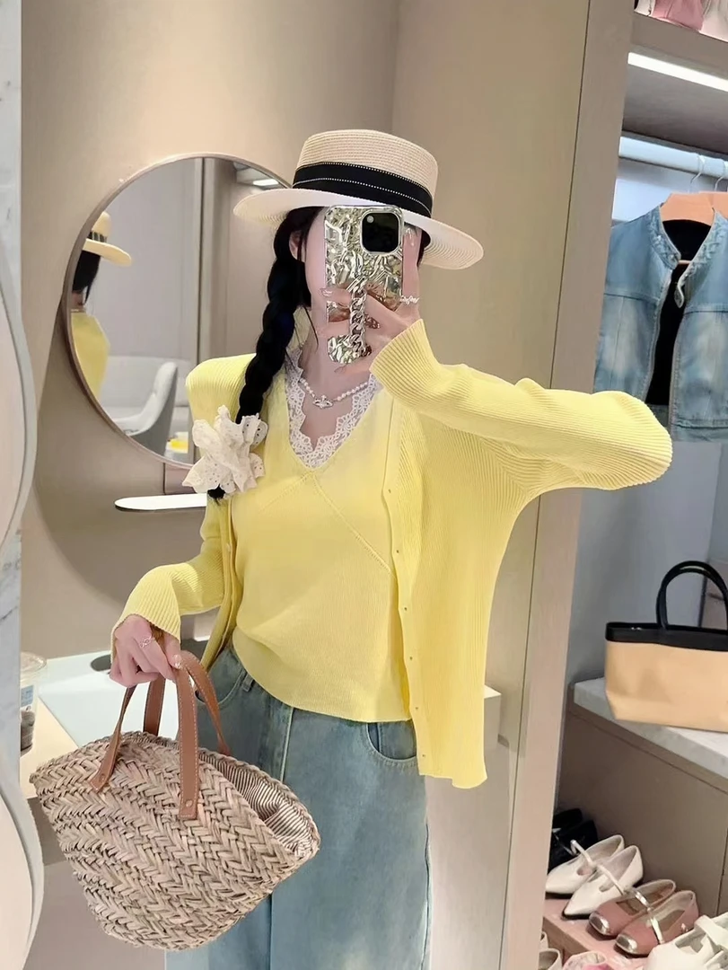 长袖针织开衫+蕾丝上衣两件套 2025春秋新款百搭针织衫