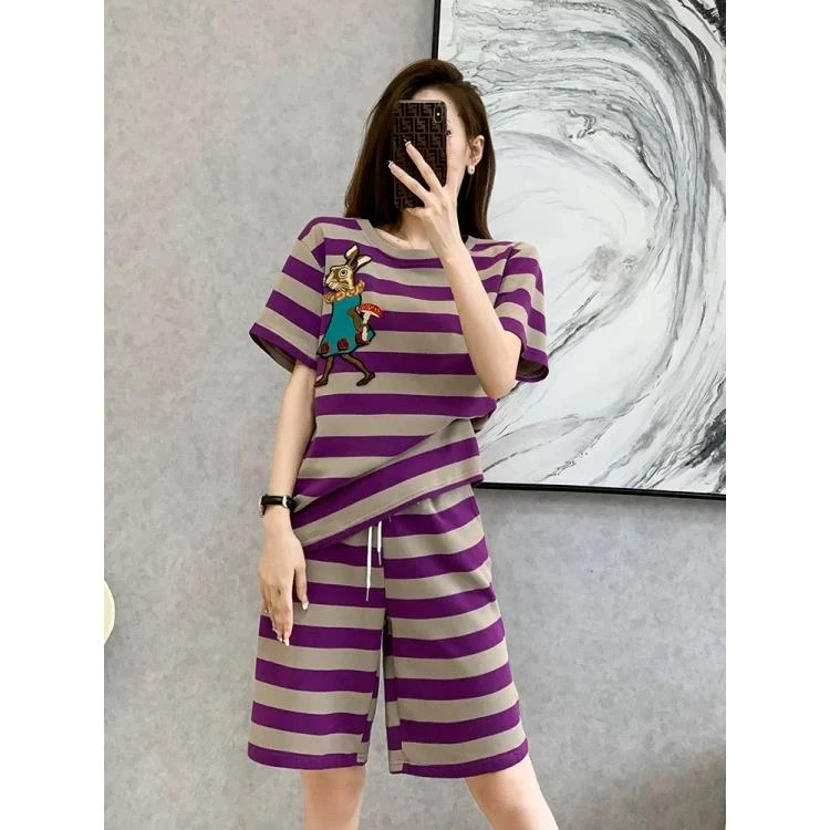 睡衣女夏款纯棉短袖五分裤休闲时尚可外穿家居服套装（港风条纹）