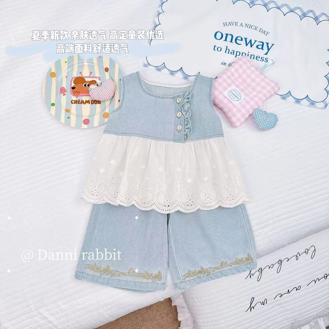 【Dannirabbit】*夏季洋气三粒扣蕾丝花边刺绣牛仔套装 X-7670