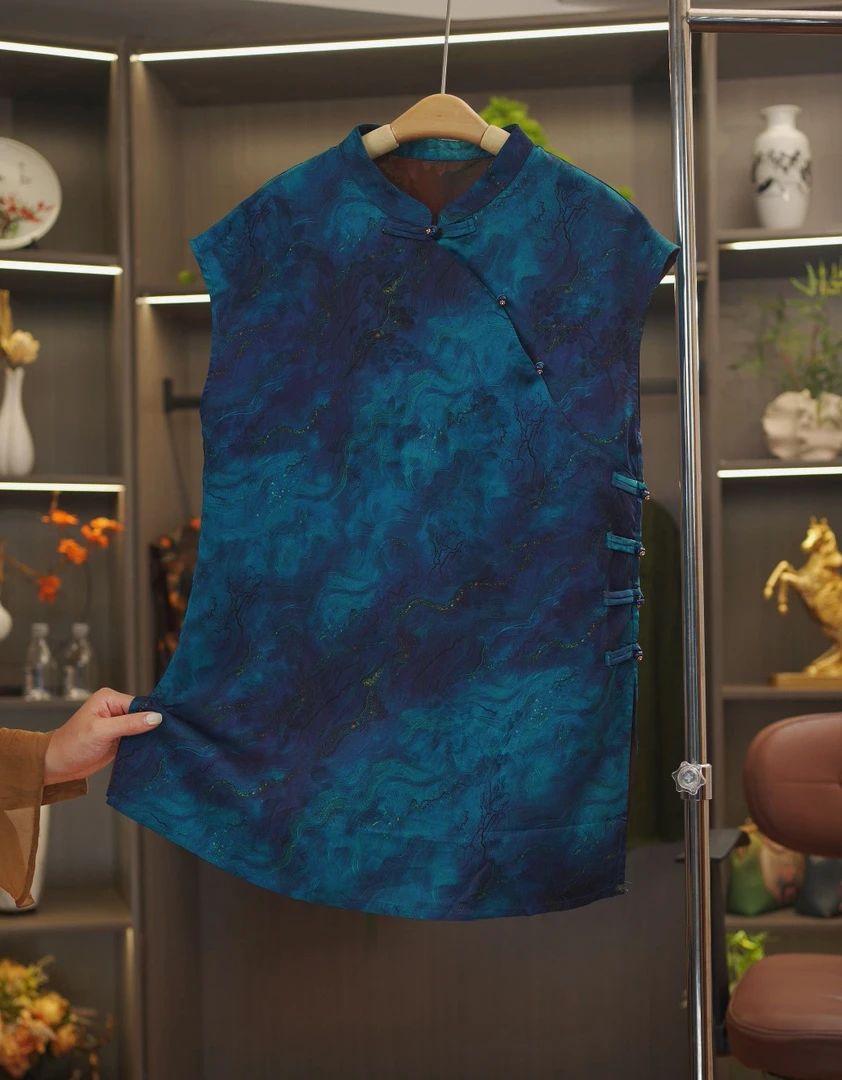 【蓝海星空-奥黛】中式中长款桑蚕盘扣中长款盘扣短袖款奥黛上衣