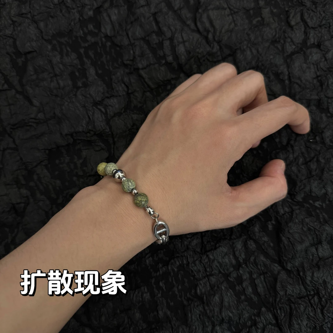 钛钢手链 原创设计绿色石头猪鼻新中式复古小众金属拼接手链手饰