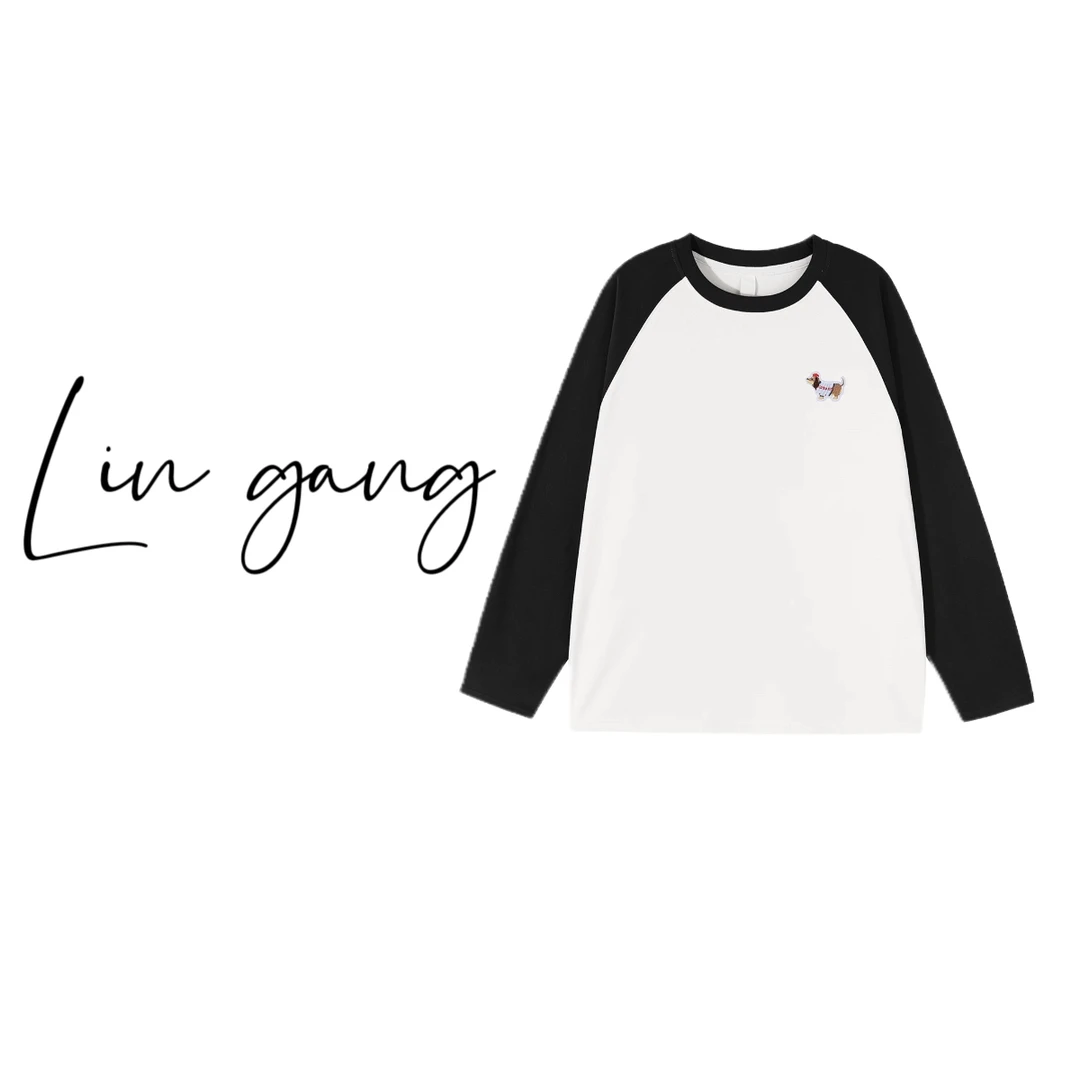 韩系刺绣狗狗插肩长袖打底衫女秋冬季胖妹妹T恤上衣