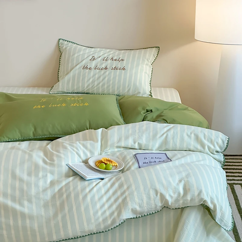 A类全棉色织条纹水洗棉刺绣四件套100纯棉简约小清新少女心床品