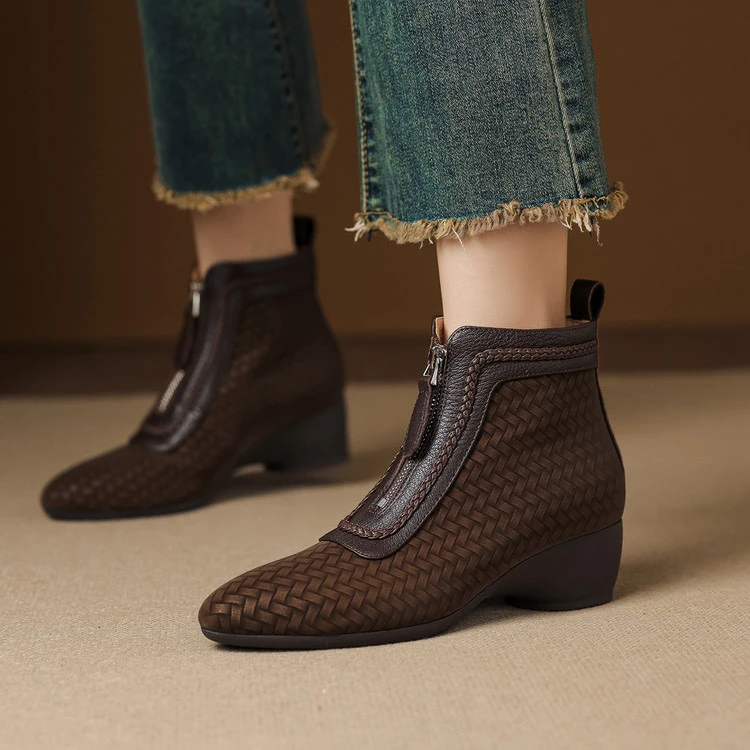 牛皮4.5cm～尖头复古中跟短靴时尚气质显瘦粗跟新款瘦瘦靴女时装靴